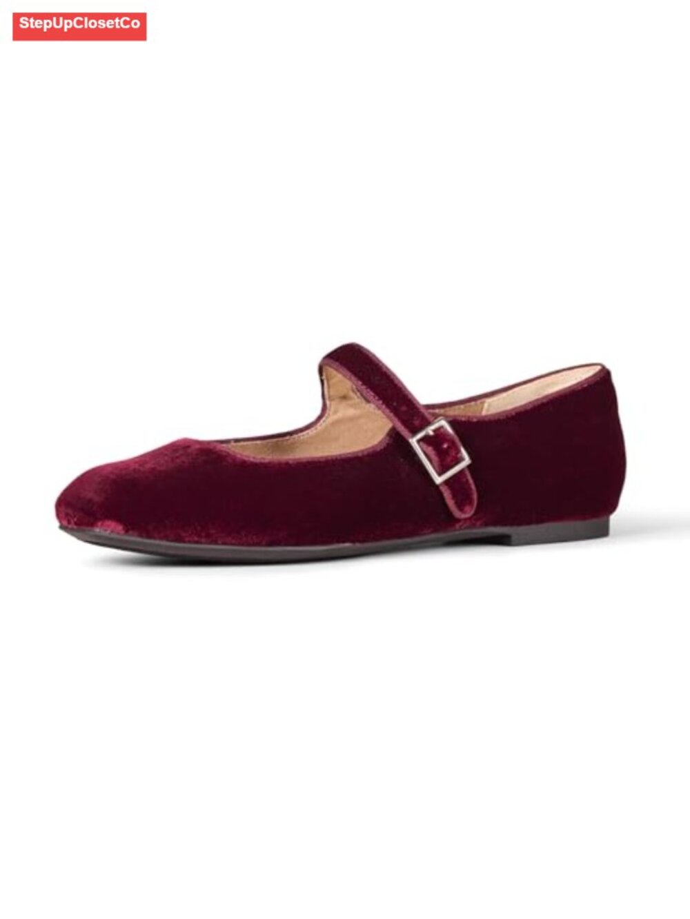Women's Velvet Mary Jane Ballet Flats with Buckle Strap Faux Suede